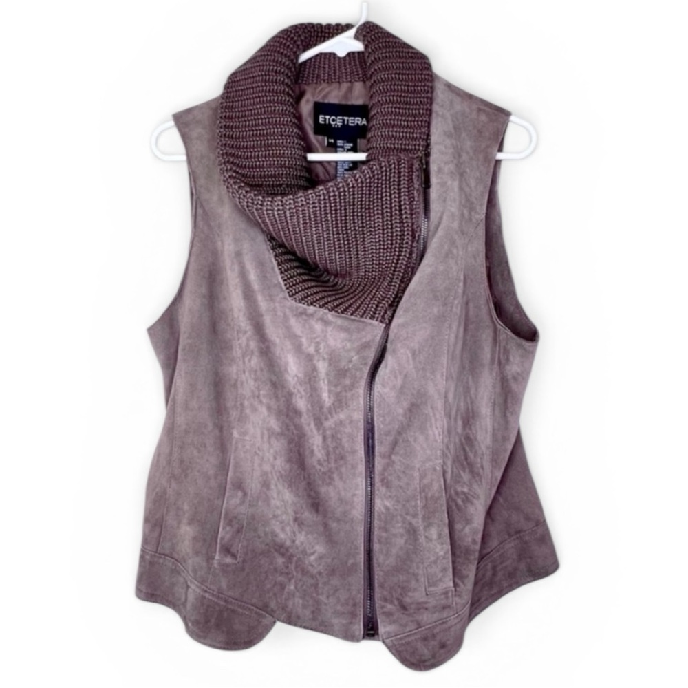 ETCETERA Genuine Suede Moto Vest Wool Knit Cowl Neck Fawn Brown Zip Jacket 14